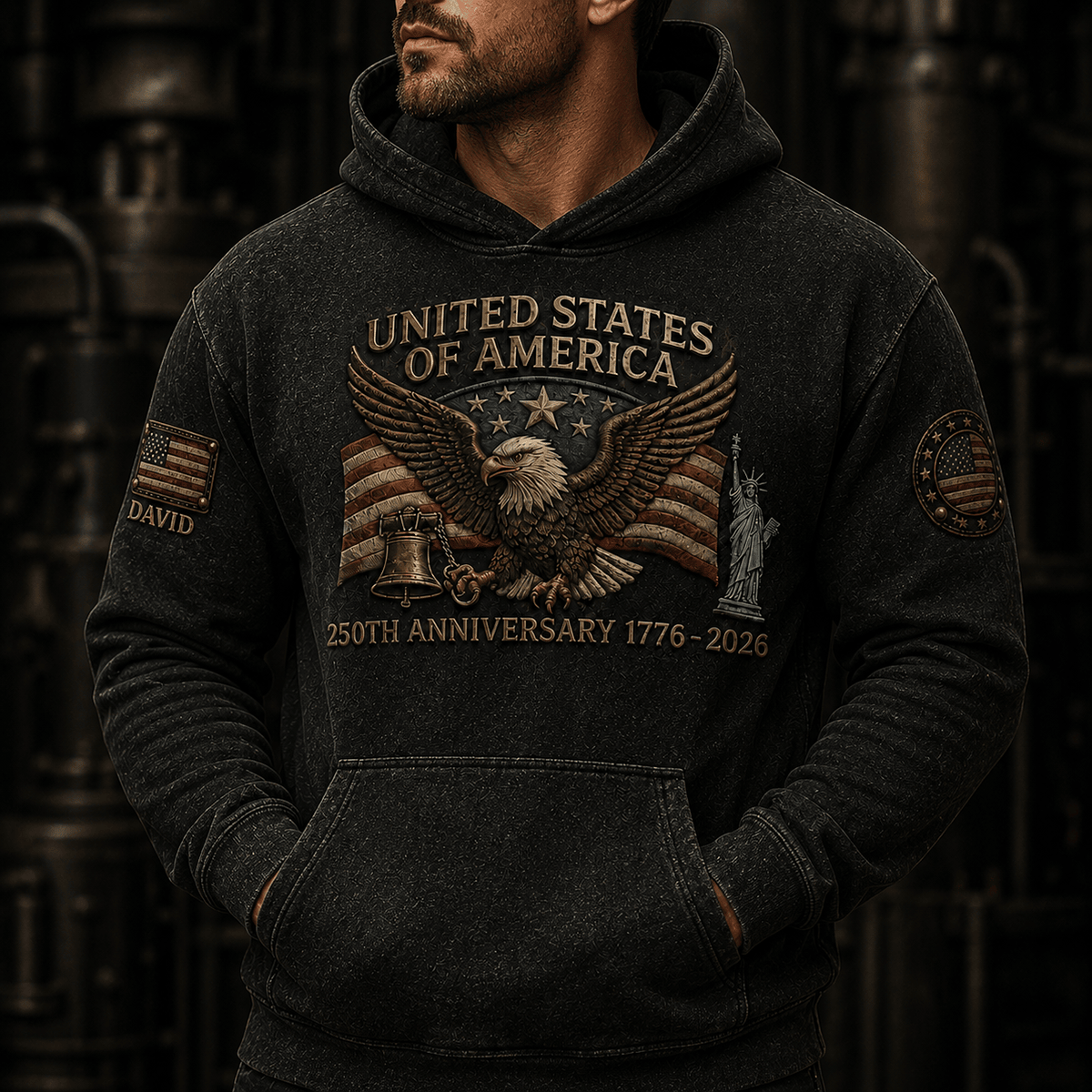 United States Of America 250th Anniversary 1776-2026 Printed Hoodie Patriotic USA Flag Father’s Day Gift for Dad