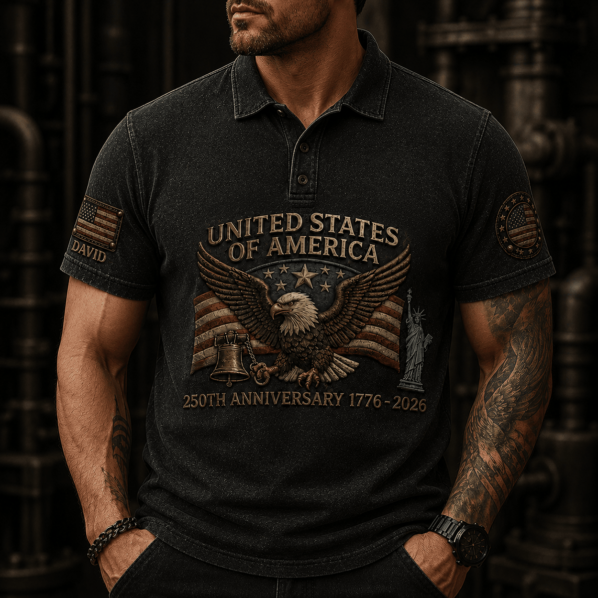 United States Of America 250th Anniversary 1776-2026 Printed Polo Shirt Patriotic USA Flag Gift for Father’s Day