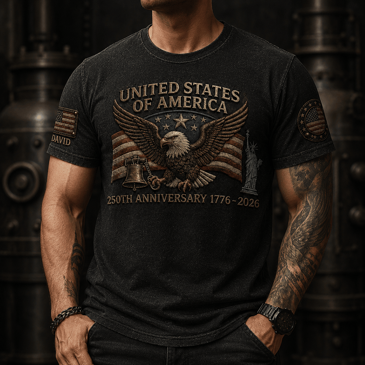 United States Of America 250th Anniversary 1776-2026 Printed T-Shirt Patriotic USA Flag Father’s Day Gift for Dad