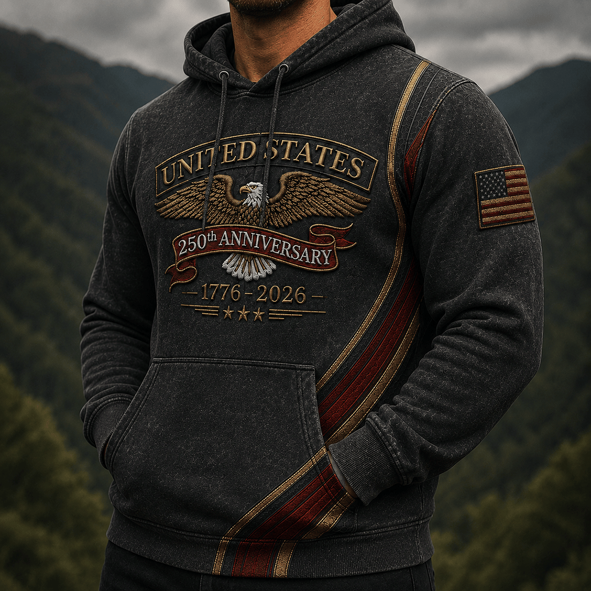 United States 250th Anniversary 1776-2026 Printed Hoodie Patriotic USA Flag Father’s Day Gift for Dad Veteran