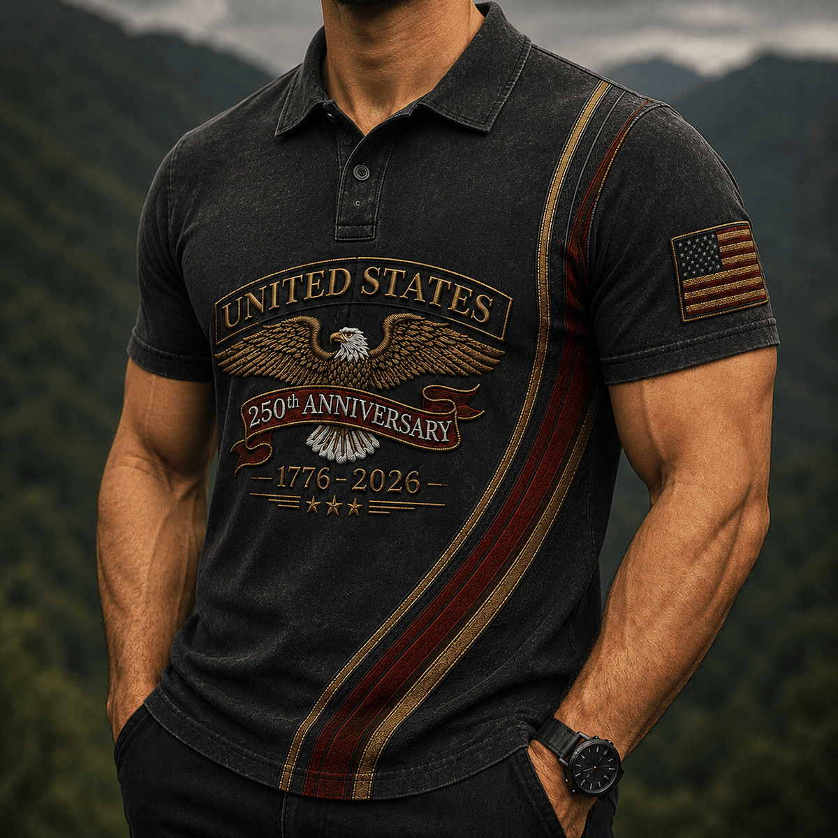 United States 250th Anniversary 1776-2026 Printed Polo Shirt Patriotic USA Flag Father’s Day Gift for Men