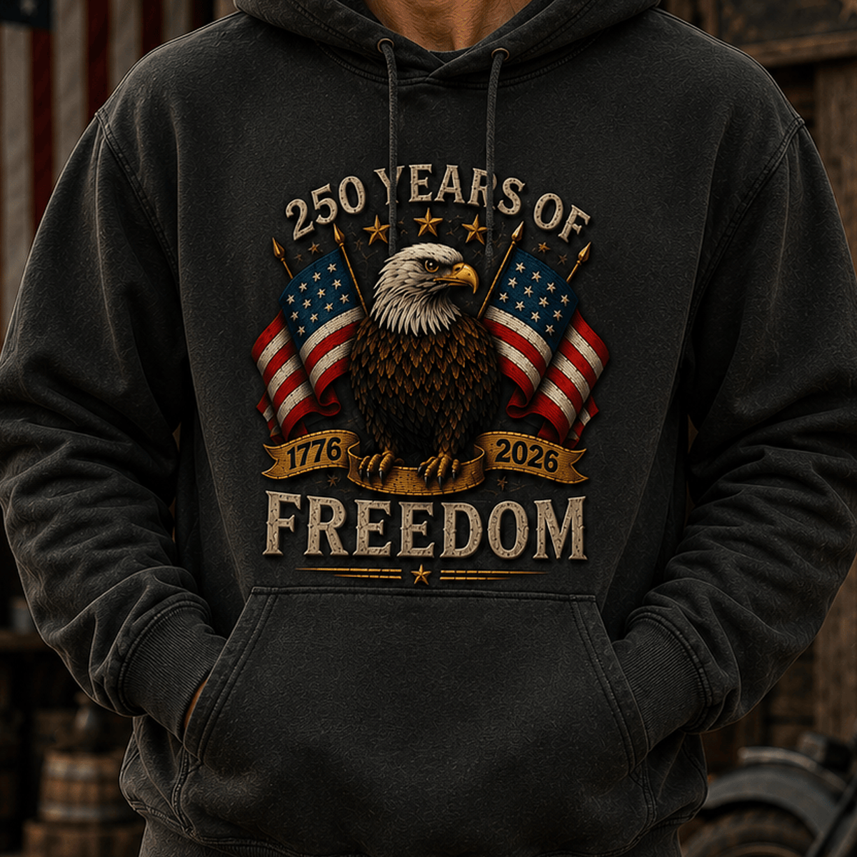 250 Years Of Freedom 1776-2026 Printed Hoodie Patriotic Eagle USA Flag Sweatshirt Gift for Veteran Dad