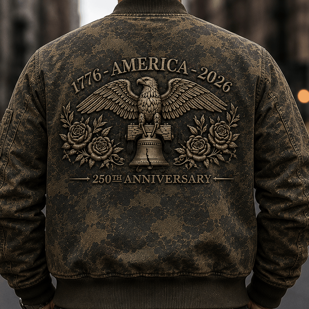 1776 America 2026 250th Anniversary Printed Bomber Jacket Patriotic Eagle Liberty Bell USA Veteran Gift