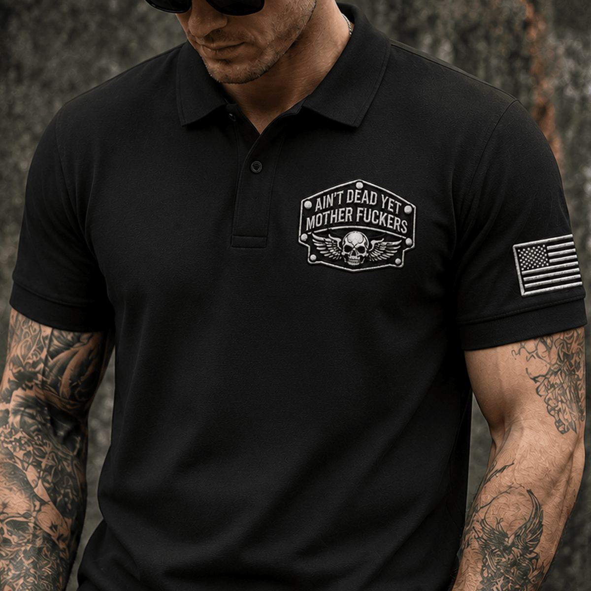 Ain’t Dead Yet Mother Fuckers Printed Polo Shirt Skull Biker Patriotic USA Flag Father’s Day Gift for Dad