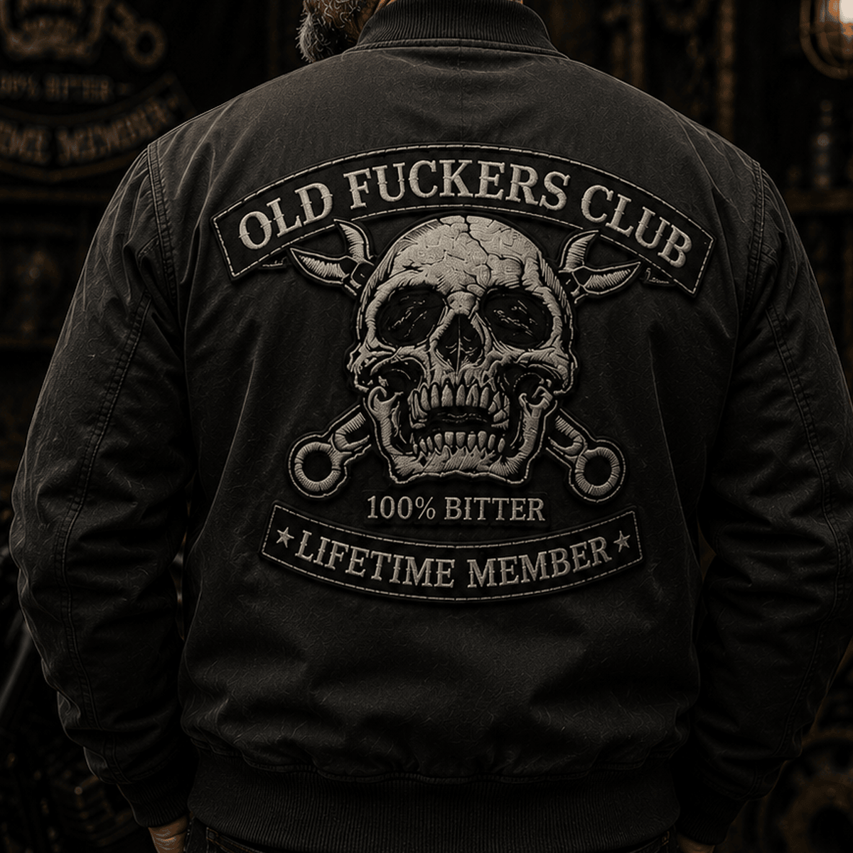 Old Fuckers Club Bitter Printed Bomber Jacket Skull Biker Gift for Dad Father’s Day Vintage Motorcycle Wear