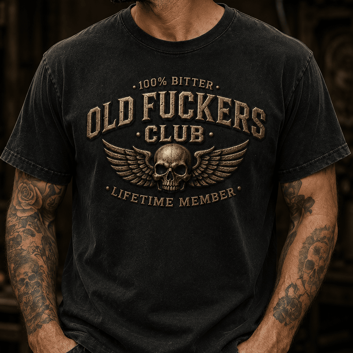 Old Fuckers Club Lifetime Member Printed T-Shirt Skull Wings Funny Grandpa Shirt Father's Day Gift for Dad Veteran Biker