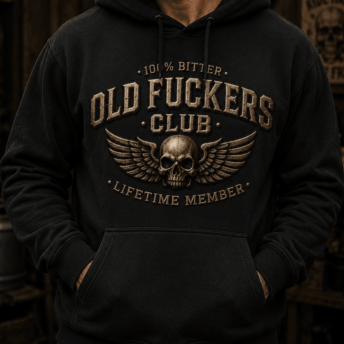 Old Fuckers Club Lifetime Member Printed Hoodie Skull Wings Funny Grandpa Father's Day Gift for Dad Veteran Biker