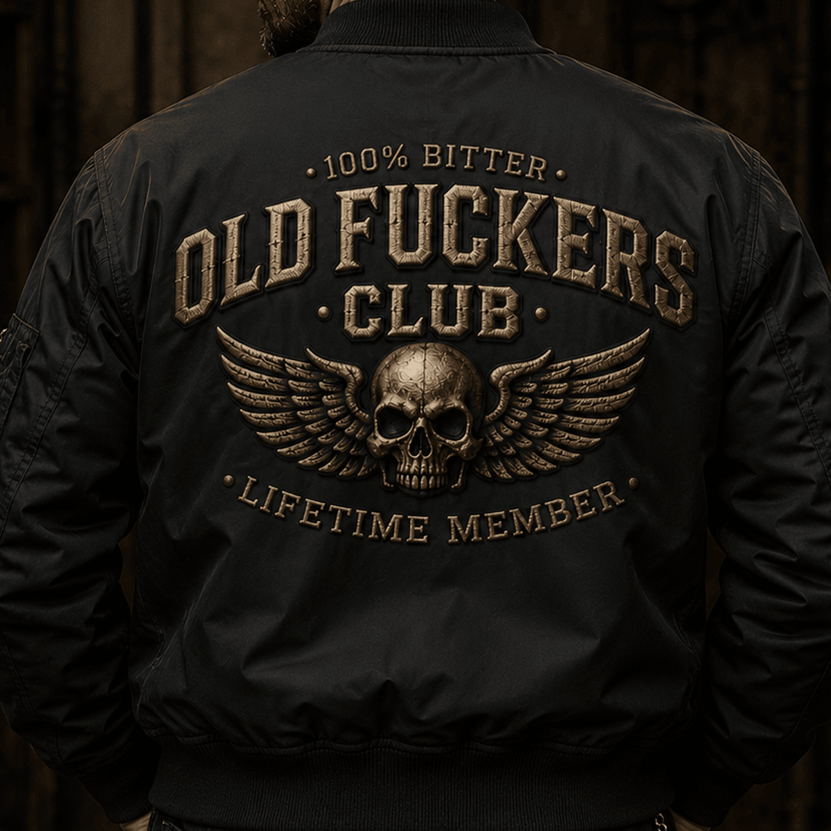 Old Fuckers Club Lifetime Member Printed Bomber Jacket Skull Wings Funny Grandpa Father's Day Gift for Dad Veteran Biker