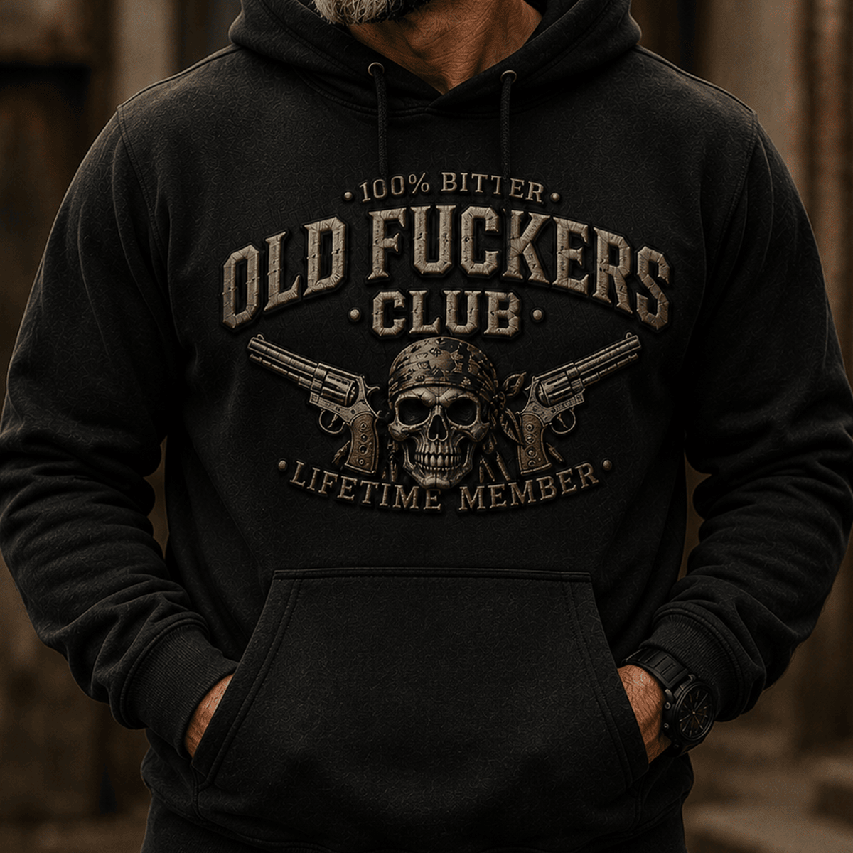 Old Fuckers Club Lifetime Member Printed Hoodie Skull Revolver Funny Grandpa Father's Day Gift for Dad Veteran Biker
