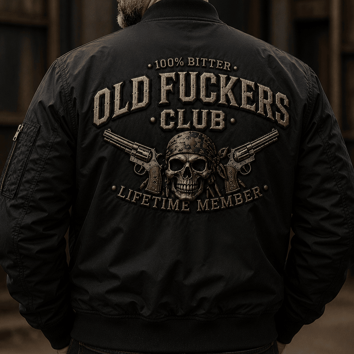 Old Fuckers Club Lifetime Member Printed Bomber Jacket Skull Revolver Funny Grandpa Father's Day Gift for Dad Veteran Biker