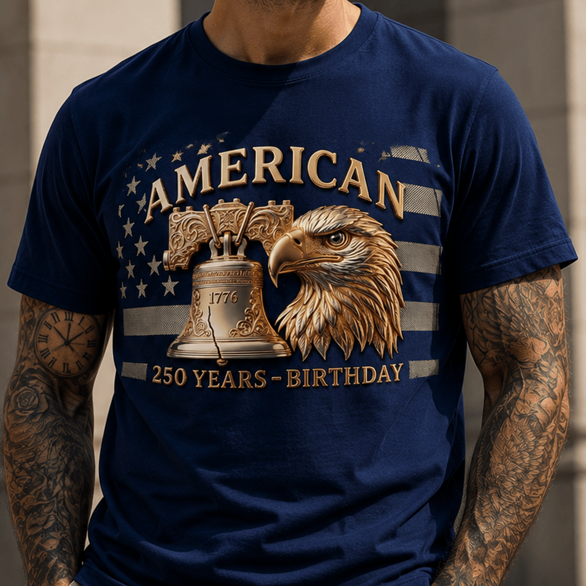 American 250 Years Birthday 1776 Liberty Bell Eagle Printed T-Shirt Patriotic USA Flag Shirt Father's Day Gift for Dad Grandpa