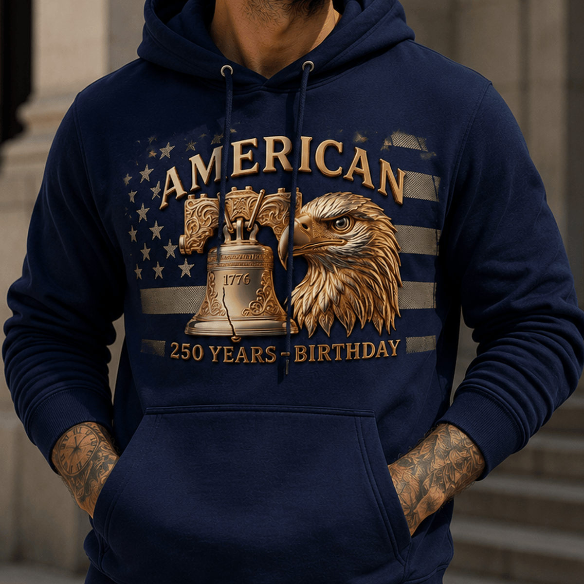 American 250 Years Birthday 1776 Liberty Bell Eagle Printed Hoodie Patriotic USA Flag Father's Day Gift for Dad Grandpa Veteran