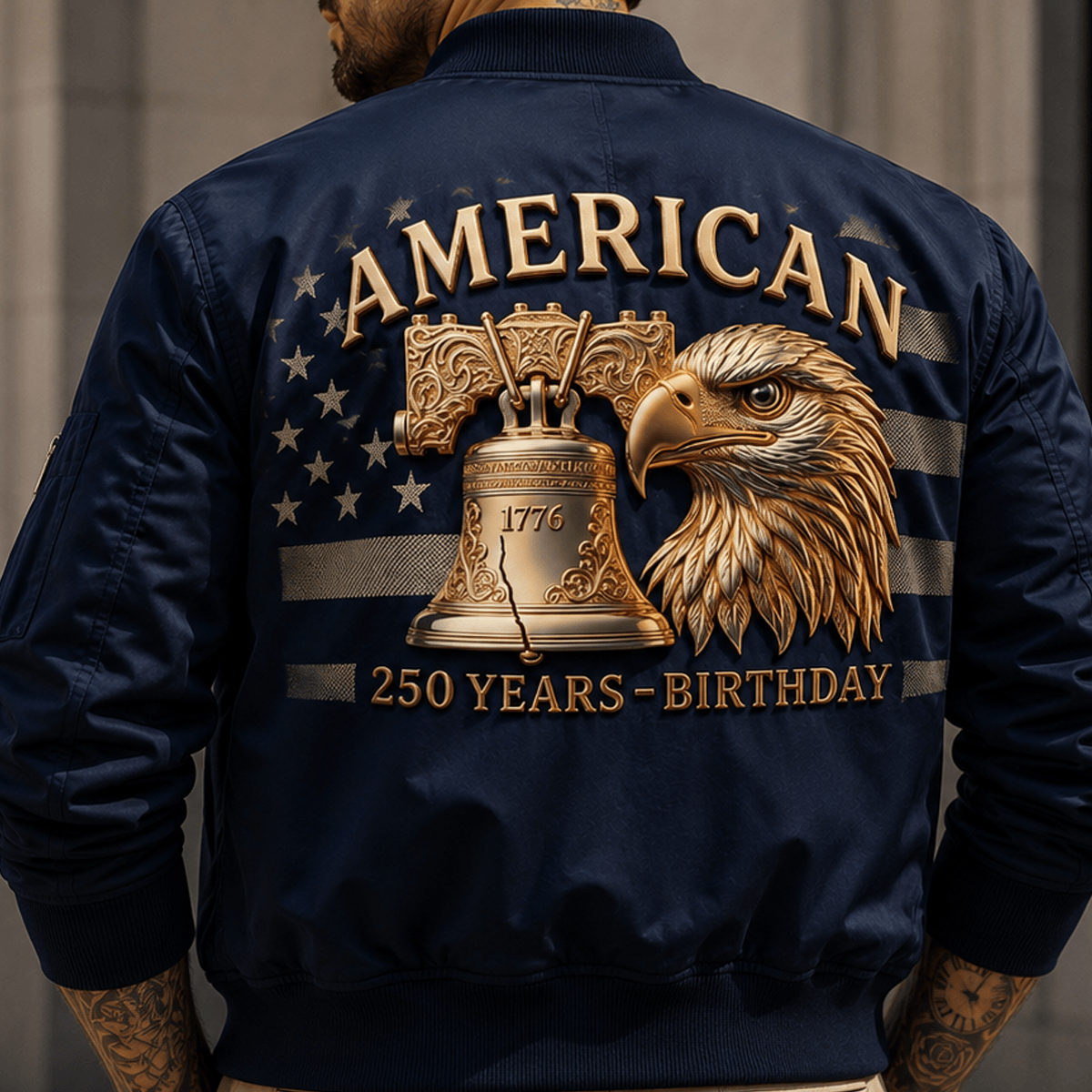 American 250 Years Birthday 1776 Liberty Bell Eagle Printed Bomber Jacket Patriotic USA Flag Father's Day Gift for Dad Grandpa Veteran