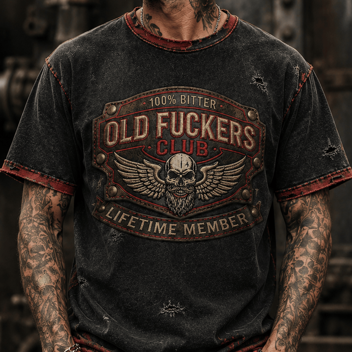 Old Fuckers Club Lifetime Member Printed T-Shirt Skull Wings Graphic Shirt Funny Grandpa Gift for Dad Father's Day Gift