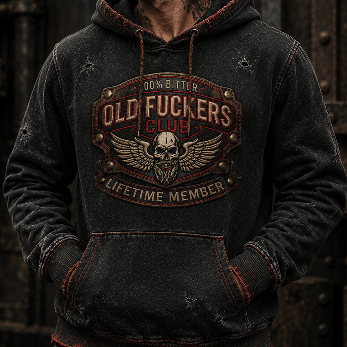 Old Fuckers Club Lifetime Member Printed Hoodie Skull Wings Graphic Funny Grandpa Gift for Dad Father's Day Present