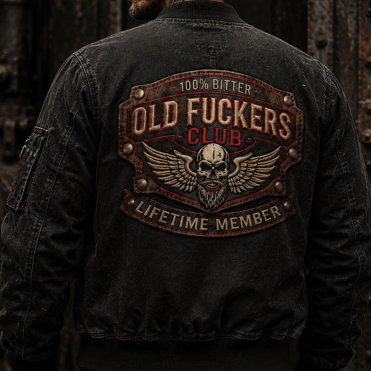 Old Fuckers Club Lifetime Member Printed Bomber Jacket Skull Wings Graphic Patriotic Grandpa Gift for Dad Father's Day