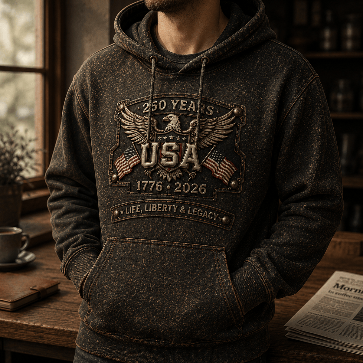 250 Years USA 1776-2026 Life Liberty & Legacy Printed Hoodie Patriotic Eagle USA Flag Father's Day Gift for Dad Grandpa