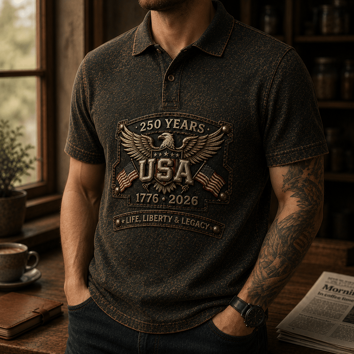 250 Years USA 1776-2026 Life Liberty & Legacy Printed Polo Shirt Patriotic Eagle USA Flag Father's Day Gift for Dad