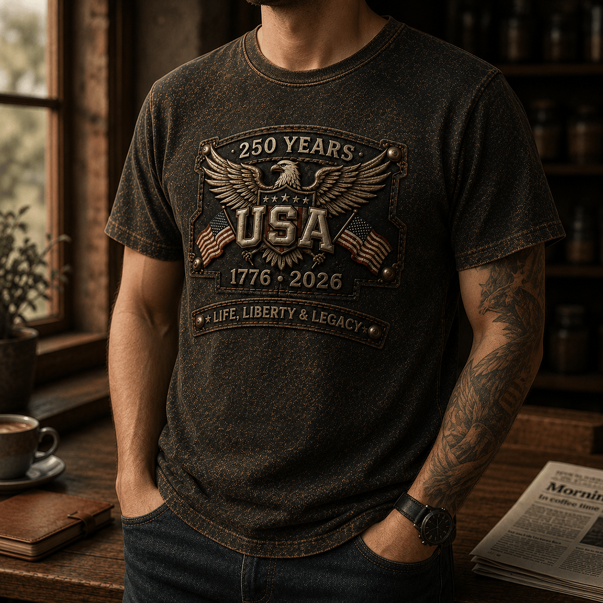250 Years USA 1776-2026 Life Liberty & Legacy Printed T-Shirt Patriotic Eagle USA Flag Father's Day Gift for Dad Grandpa