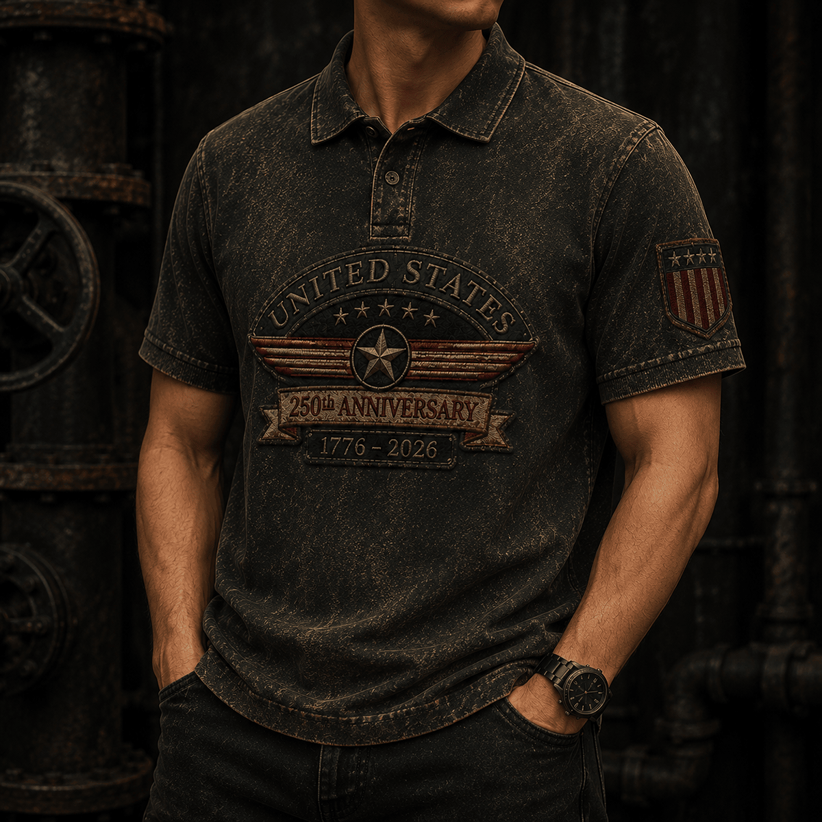 United States 250th Anniversary 1776-2026 Printed Polo Shirt Patriotic USA Flag American Independence Day Father's Day Gift for Dad Grandpa