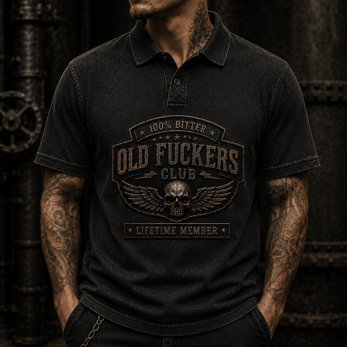 Bitter Old Fuckers Club Lifetime Member Printed Polo Shirt Funny Grandpa Gift Father's Day Gift for Dad Skull Graphic
