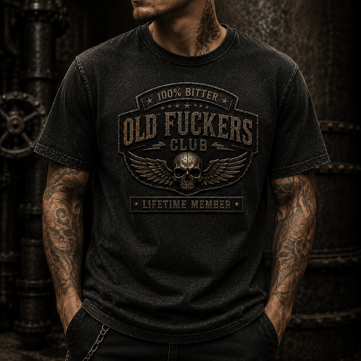 Bitter Old Fuckers Club Lifetime Member Printed T-Shirt Funny Biker Grandpa Gift Father's Day Gift for Dad Skull Graphic