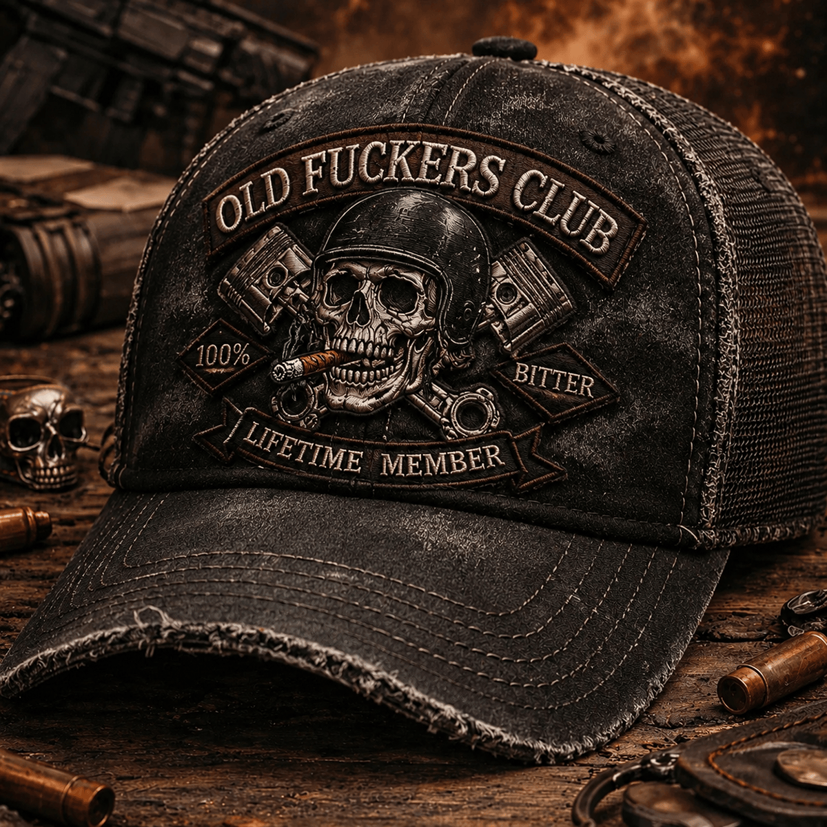 Old Fuckers Club Bitter Lifetime Member Printed Cap Funny Biker Skull Hat Grandpa Gift Father's Day Gift for Dad Vintage