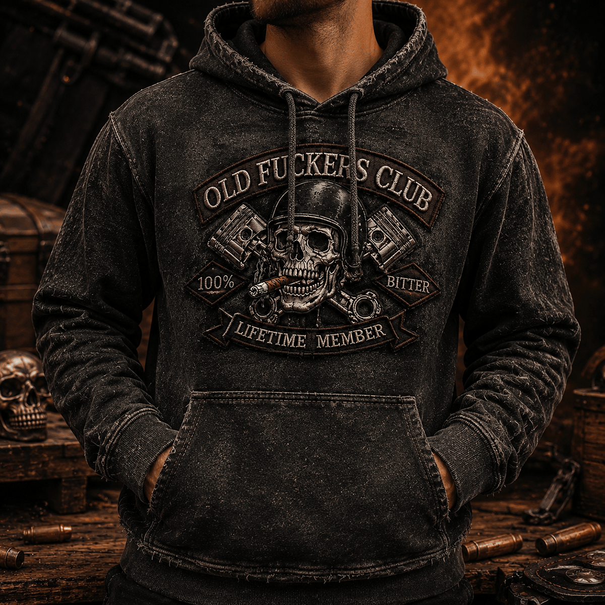 Old Fuckers Club Bitter Lifetime Member Printed Hoodie Funny Biker Skull Graphic Grandpa Father's Day Gift for Dad
