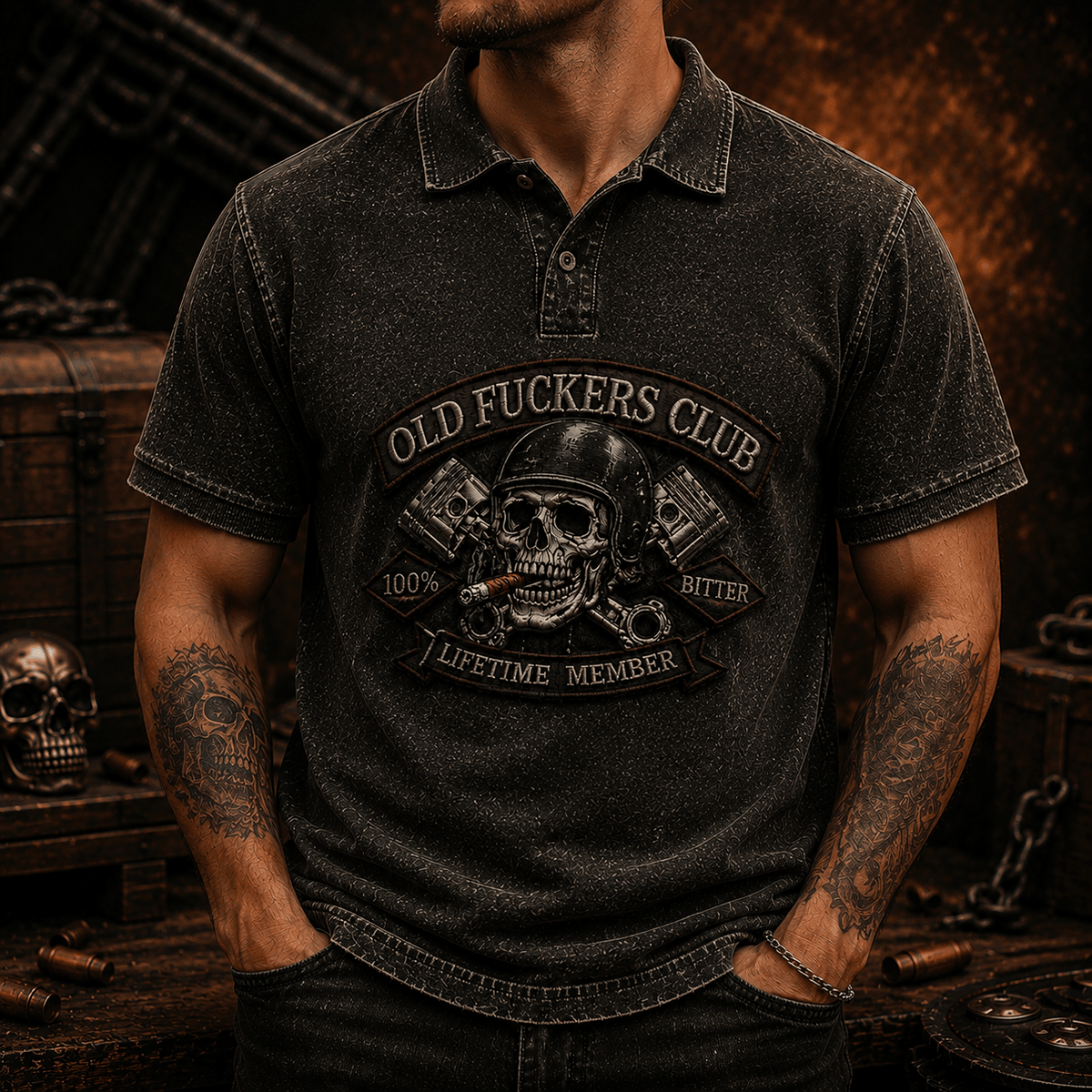Old Fuckers Club Bitter Lifetime Member Printed Polo Shirt Funny Biker Skull Graphic Grandpa Father's Day Gift