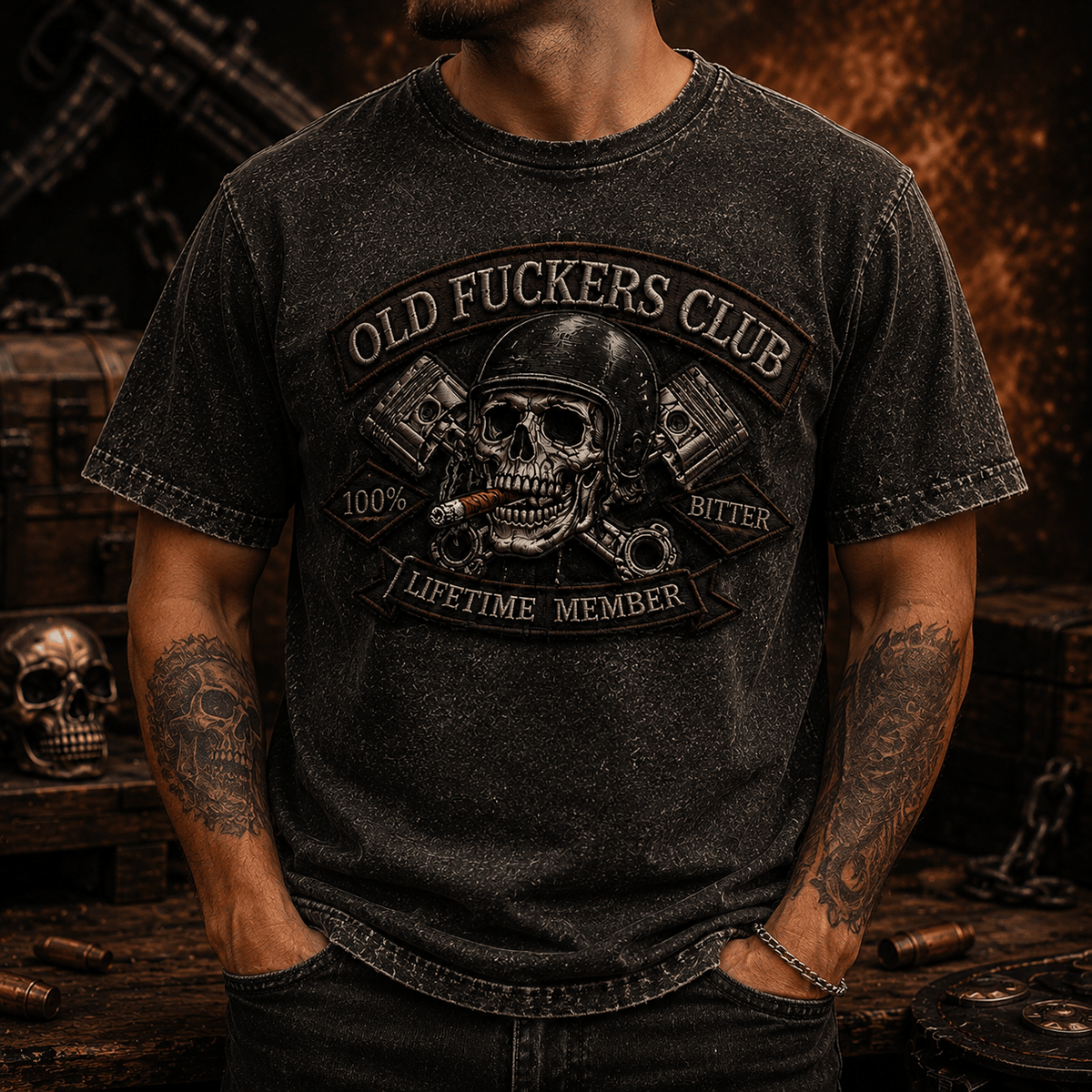 Old Fuckers Club Bitter Lifetime Member Printed T-Shirt Funny Biker Skull Graphic Grandpa Father's Day Gift for Dad