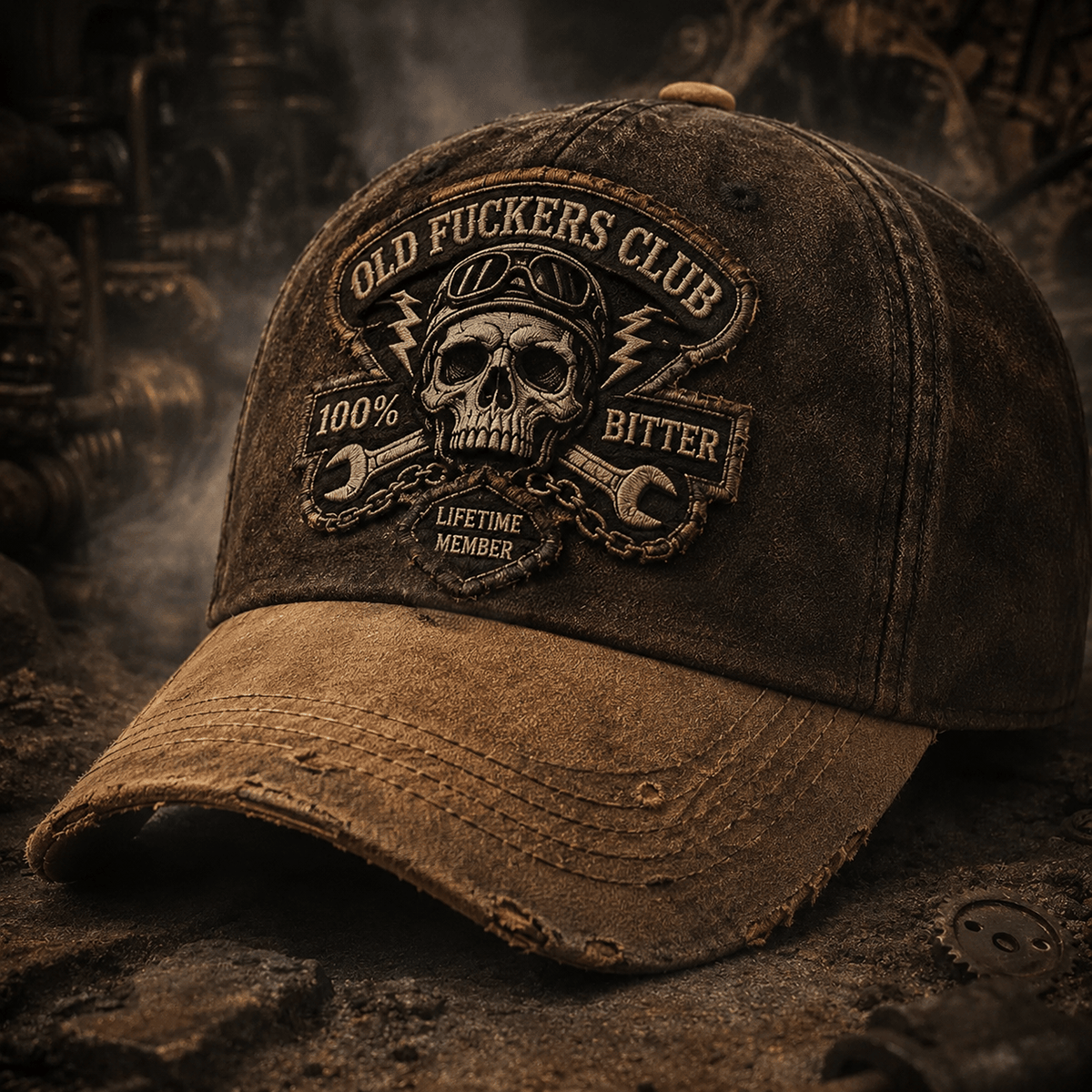 Old Fuckers Club Bitter Lifetime Member Printed Cap Funny Mechanic Skull Hat Grandpa Father's Day Gift for Dad Vintage Cap