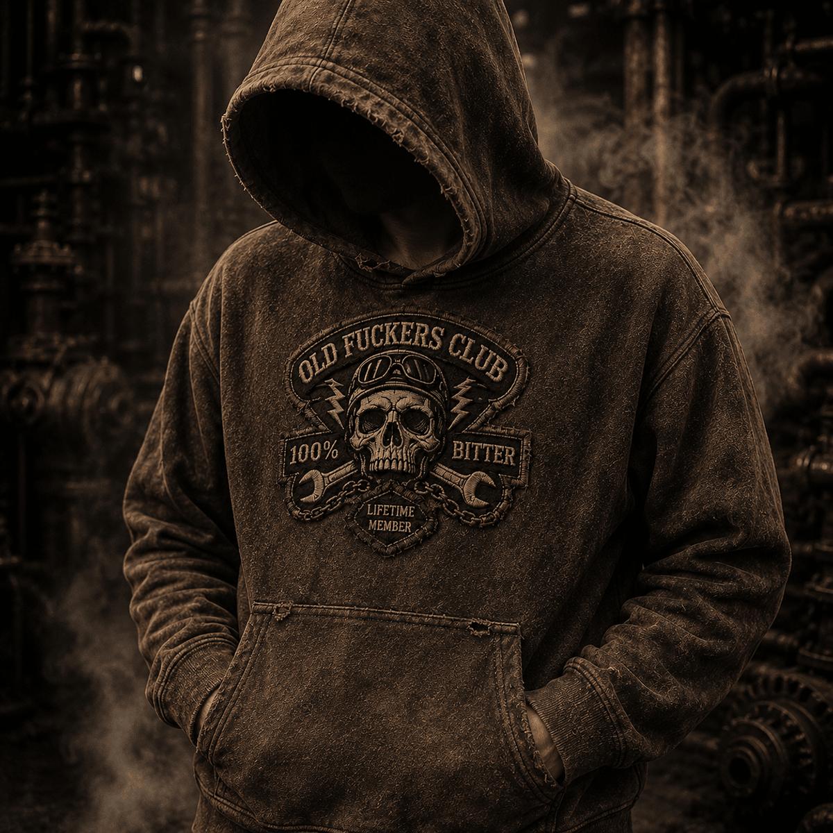 Old Fuckers Club Bitter Lifetime Member Printed Hoodie Funny Mechanic Skull Grandpa Father's Day Gift for Dad Vintage