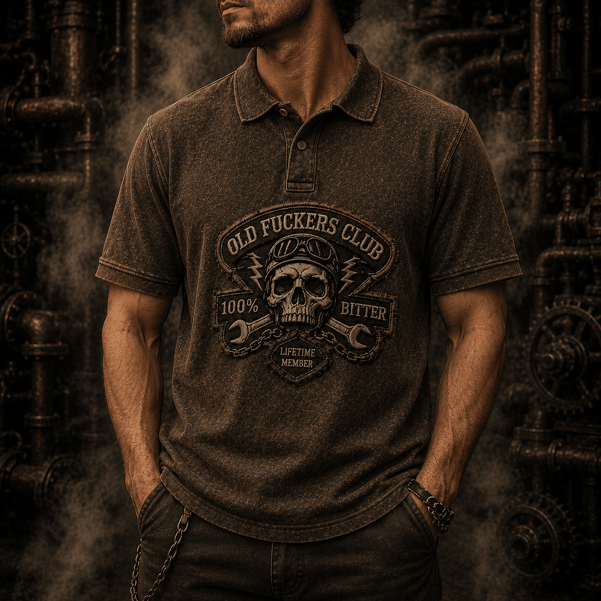 Old Fuckers Club Bitter Lifetime Member Printed Polo Shirt Funny Mechanic Skull Grandpa Father's Day Gift for Dad Vintage