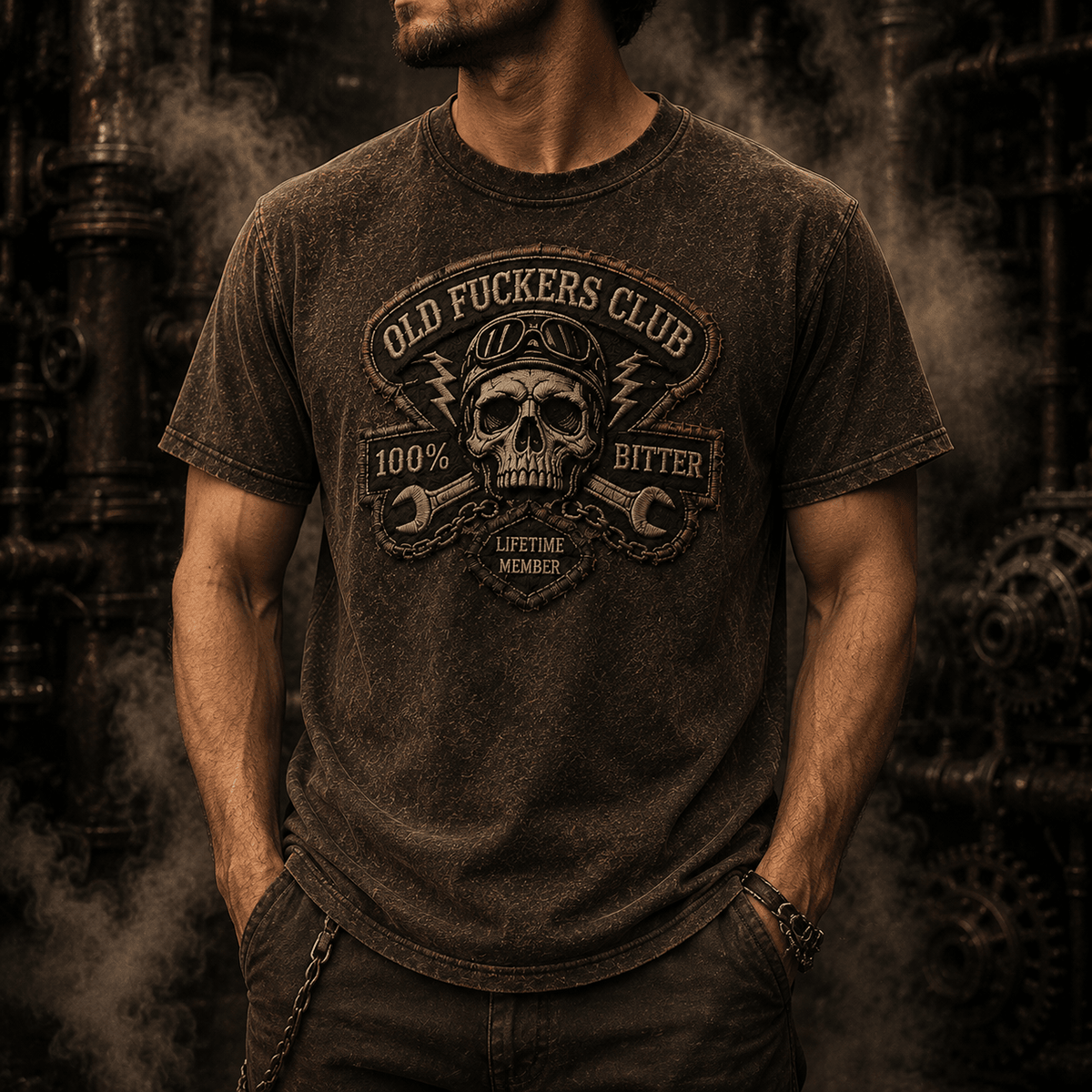 Old Fuckers Club Bitter Lifetime Member Printed T-Shirt Funny Mechanic Skull Grandpa Father's Day Gift for Dad Vintage Tee