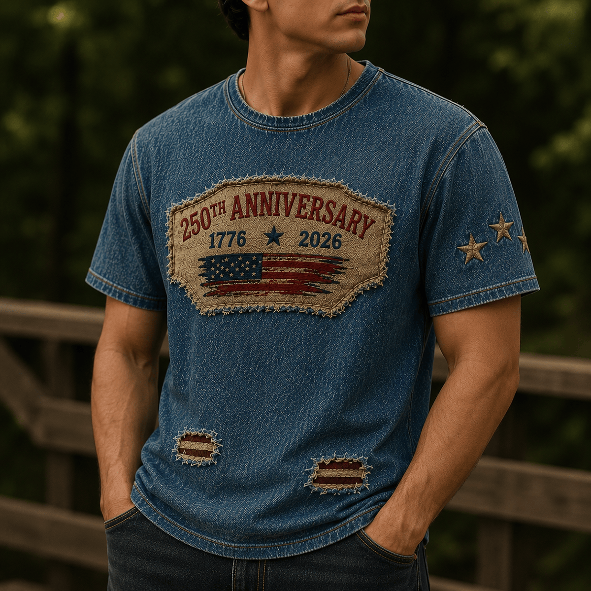250th Anniversary 1776 2026 Printed T-Shirt American Flag Patriotic Tee USA Independence Day Gift for Dad Father's Day Vintage