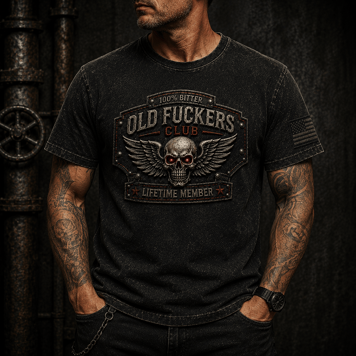Old Fuckers Club Lifetime Member Printed T-Shirt Skull Wing Graphic Father’s Day Gift for Dad Grandpa Patriotic Tee Vintage