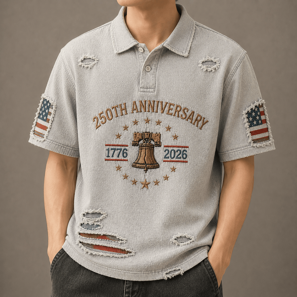 250th Anniversary 1776 2026 Printed Polo Shirt Patriotic USA Flag Liberty Bell Independence Day Father’s Day Gift for Dad