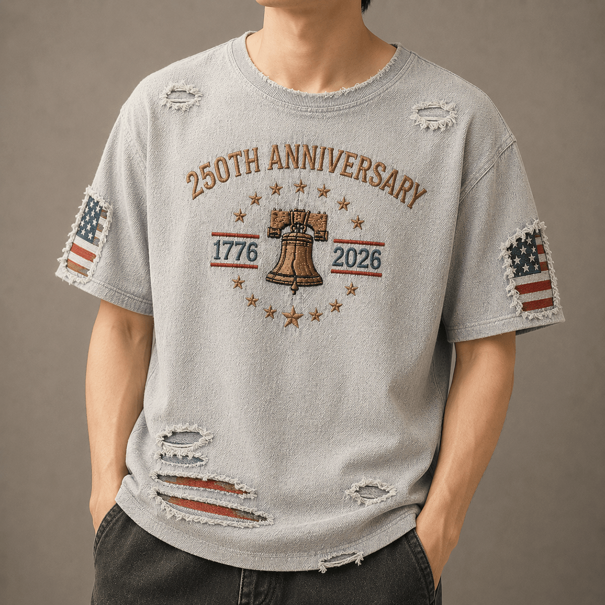 250th Anniversary 1776 2026 Printed T-Shirt Patriotic USA Flag Liberty Bell Independence Day Father’s Day Gift for Dad Grandpa