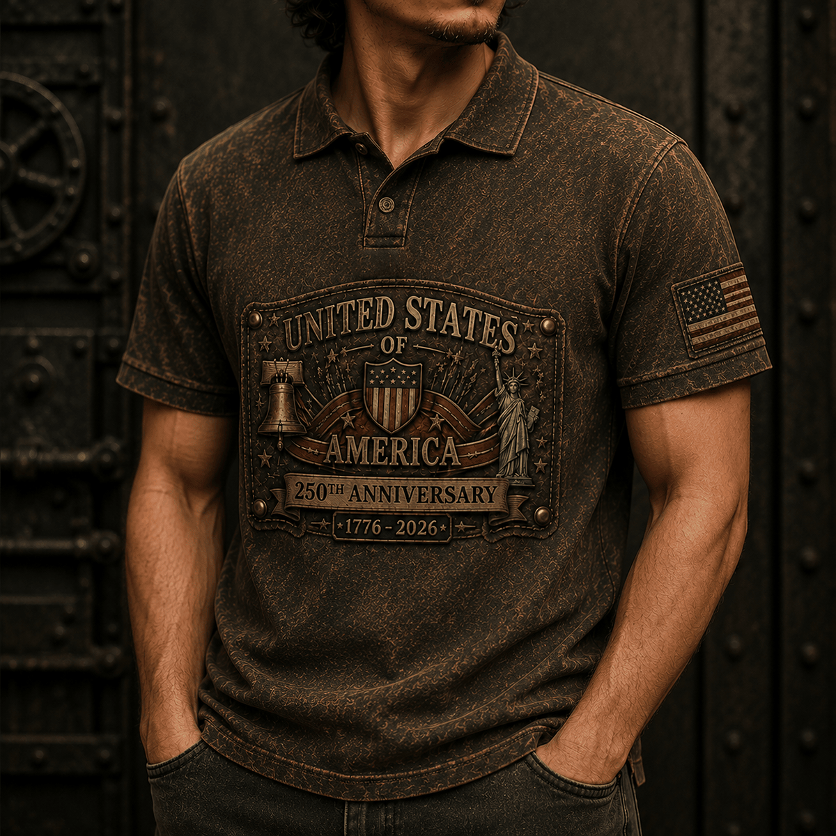 United States Of America 250th Anniversary 1776-2026 Printed Polo Shirt Patriotic USA Flag Liberty Bell Father’s Day Gift