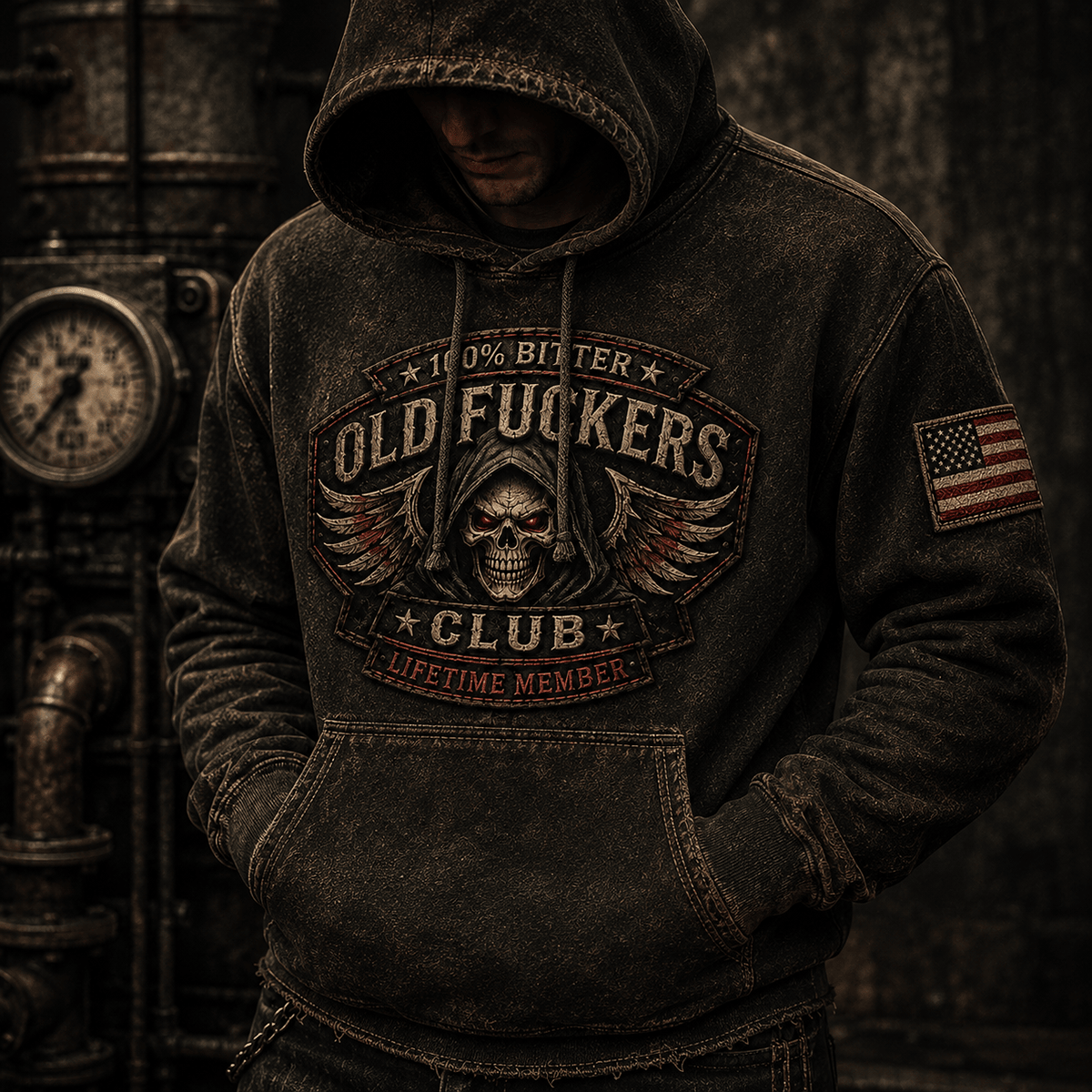 Old Fuckers Club Lifetime Member Printed Hoodie Skull Wing Graphic Patriotic Father’s Day Gift for Dad Grandpa Biker Veteran