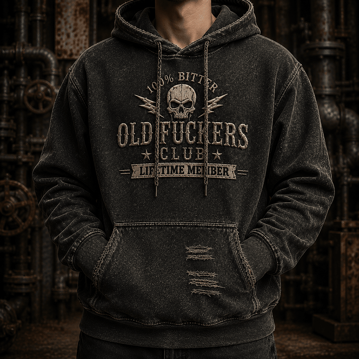 Old Fuckers Club Lifetime Member Printed Hoodie Skull Graphic Vintage Pullover Father’s Day Gift for Dad Grandpa Patriotic