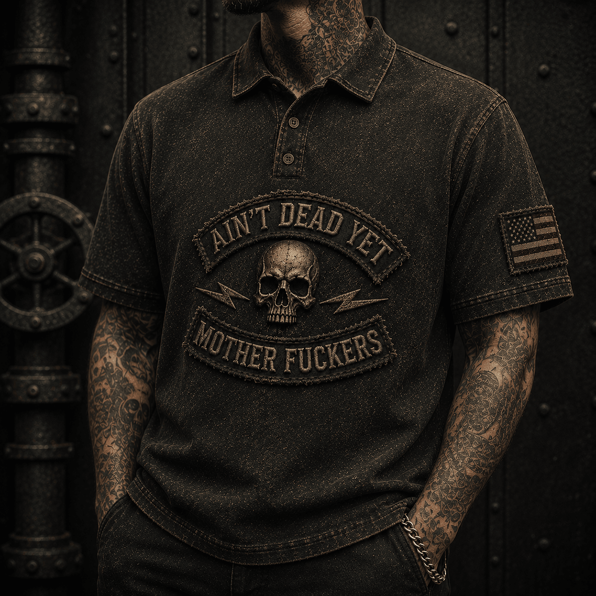 Ain't Dead Yet Mother Fuckers Printed Polo Shirt Skull Graphic Father’s Day Gift for Dad Grandpa Patriotic Vintage Apparel