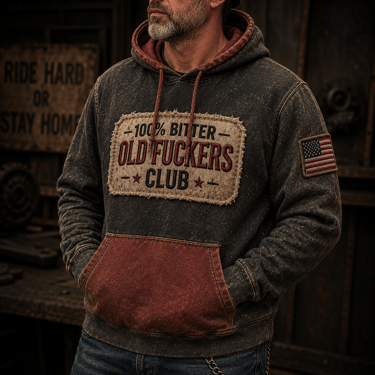 Old Fuckers Club Printed Hoodie Patriotic Skull Graphic Vintage Pullover Father’s Day Gift for Dad Grandpa Biker