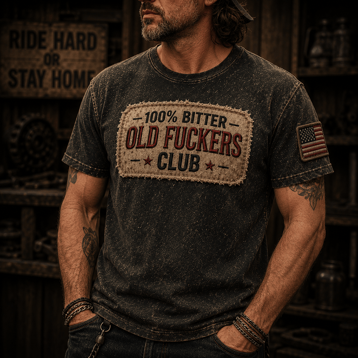 Old Fuckers Club Printed T-Shirt Patriotic Skull Graphic Father’s Day Gift for Dad Grandpa Biker Vintage Tee