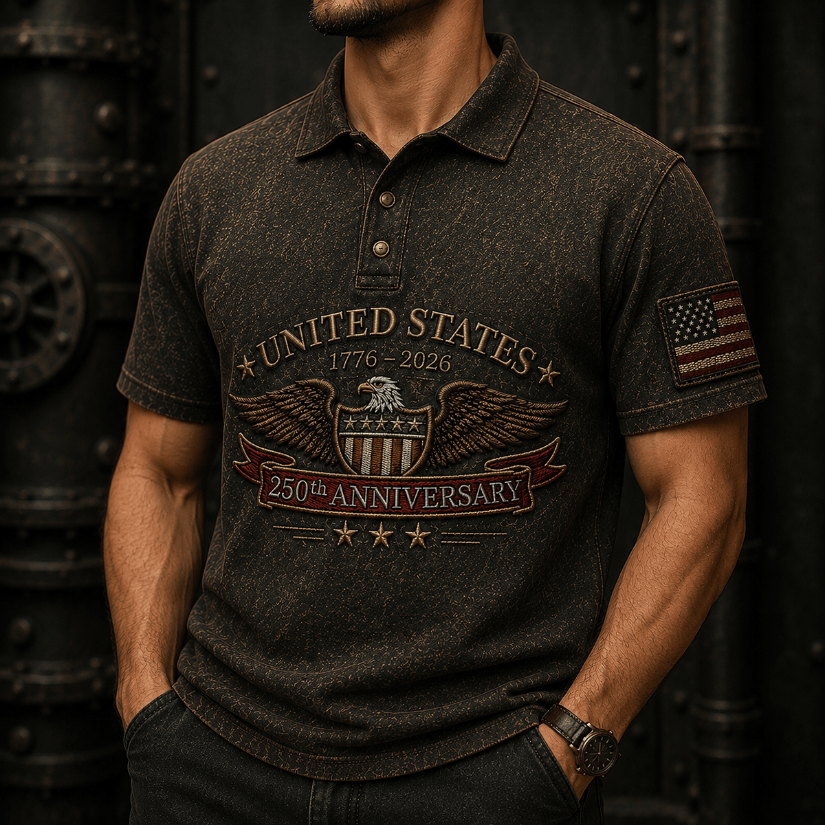 United States 250th Anniversary Printed Polo Shirt Patriotic Eagle Graphic 1776-2026 USA Birthday Father’s Day Gift Veteran