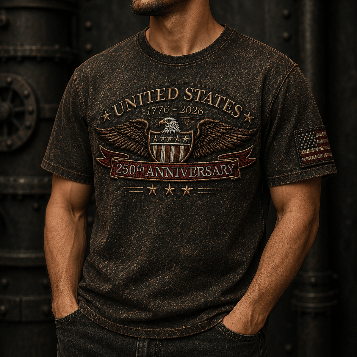 United States 250th Anniversary Printed T-Shirt Patriotic Eagle Graphic 1776-2026 America Birthday Father’s Day Gift for Dad