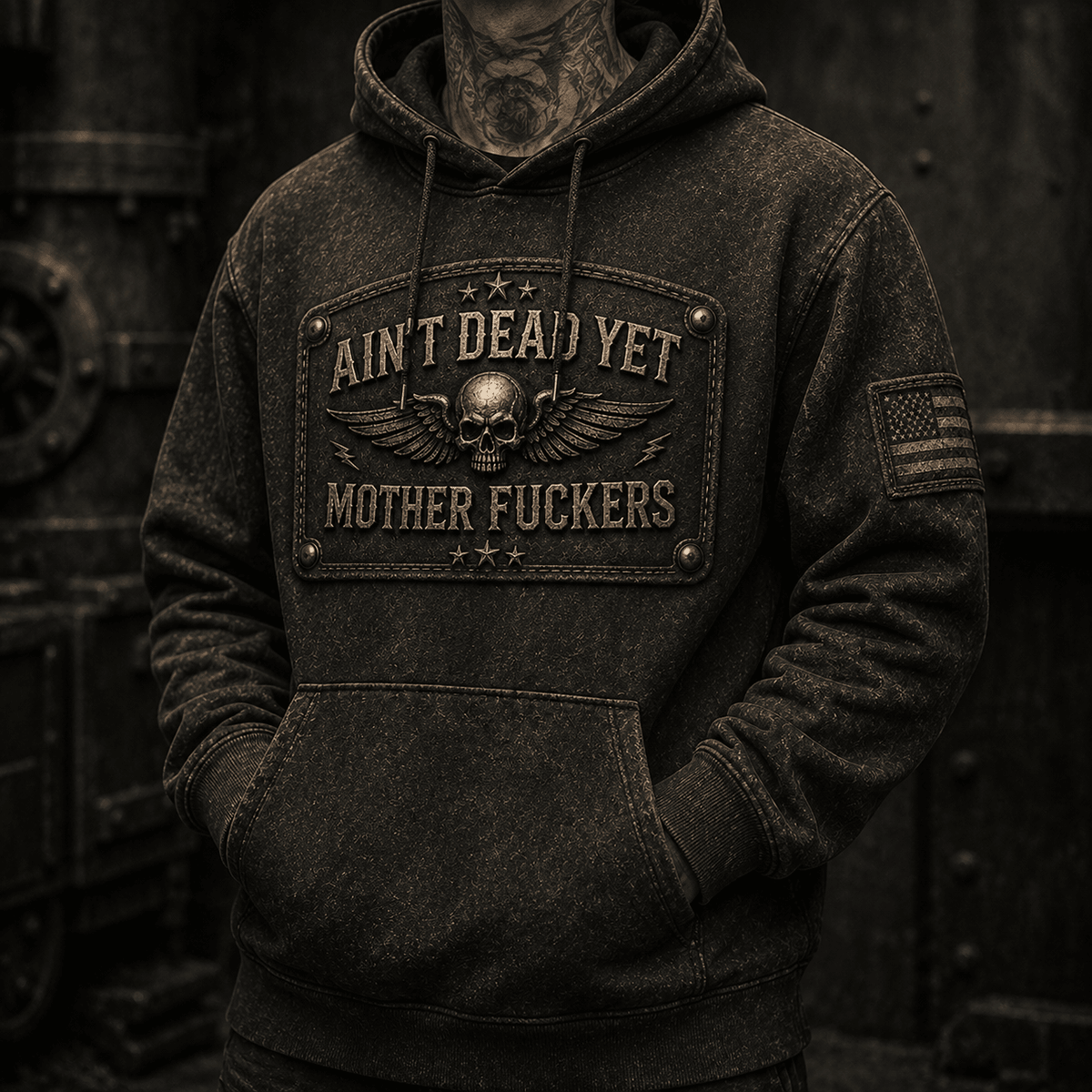 Ain't Dead Yet Mother Fuckers Printed Hoodie Skull Wings Graphic Vintage Style Father's Day Gift for Dad Grandpa Biker Veteran