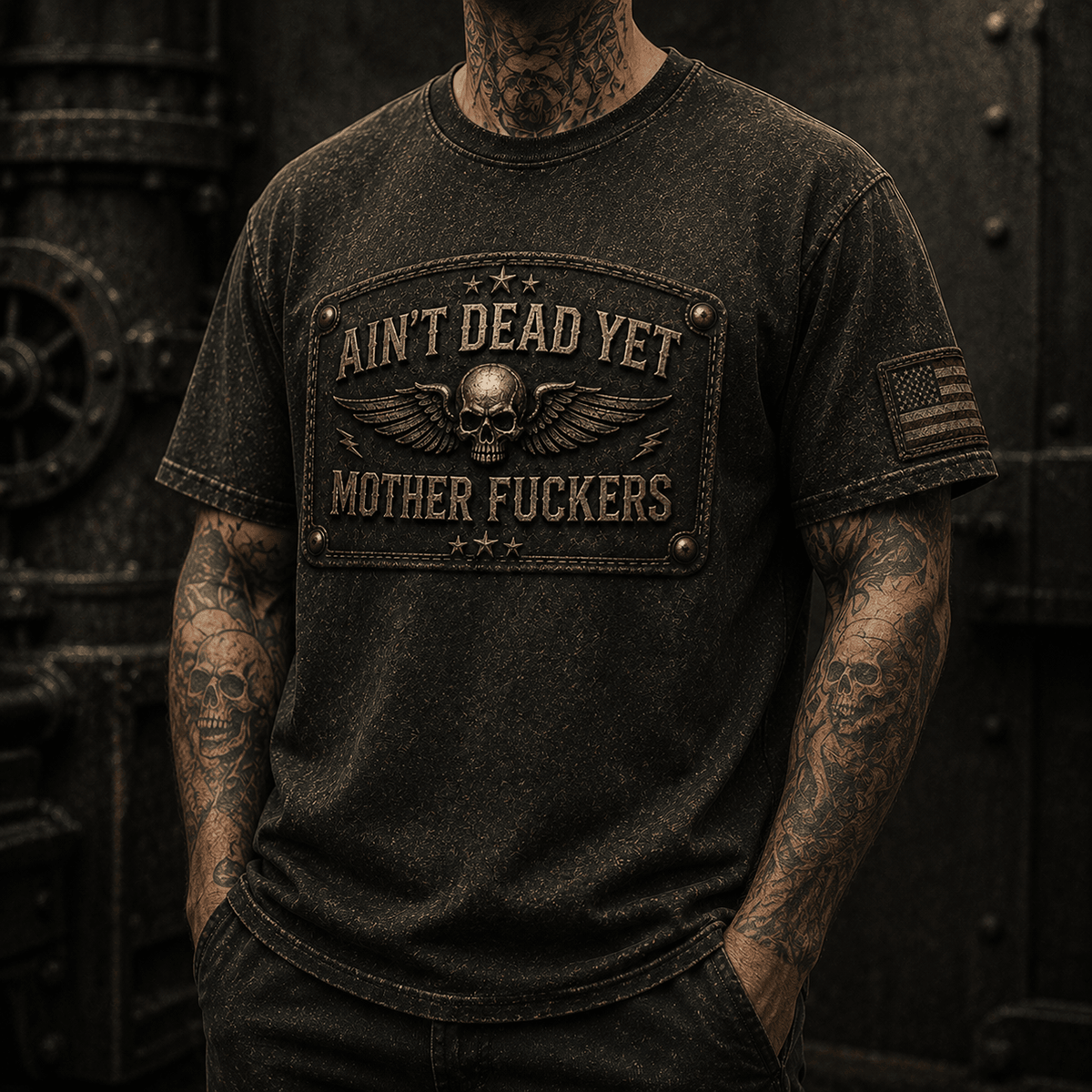 Ain't Dead Yet Mother Fuckers Printed T-Shirt Skull Wings Graphic Vintage Father's Day Gift for Dad Grandpa Biker Veteran