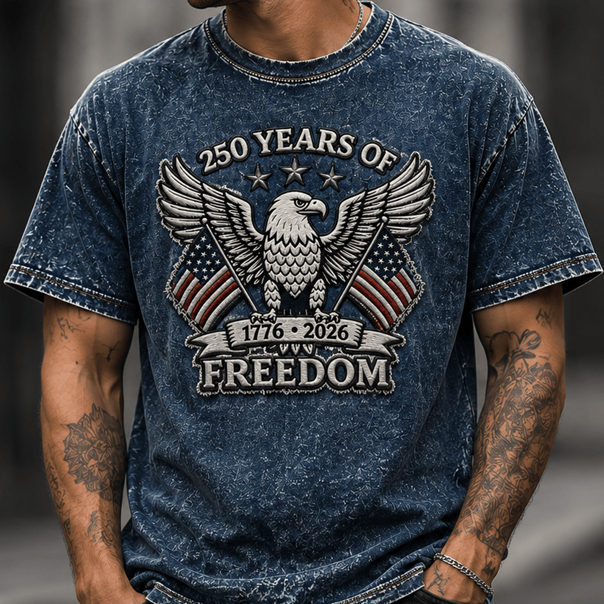 250 Years Of Freedom 1776-2026 Printed T-Shirt Patriotic Eagle USA Flag Shirt America 250th Anniversary Father's Day Gift for Dad