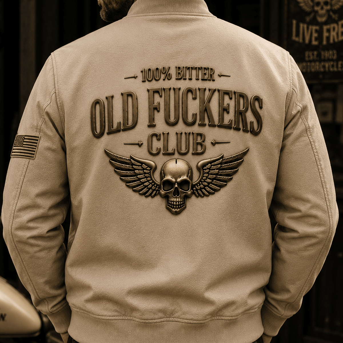 Old Fuckers Club Lifetime Member Printed Bomber Jacket Skull Wing Patriotic Outerwear Father's Day Gift for Grandpa Dad